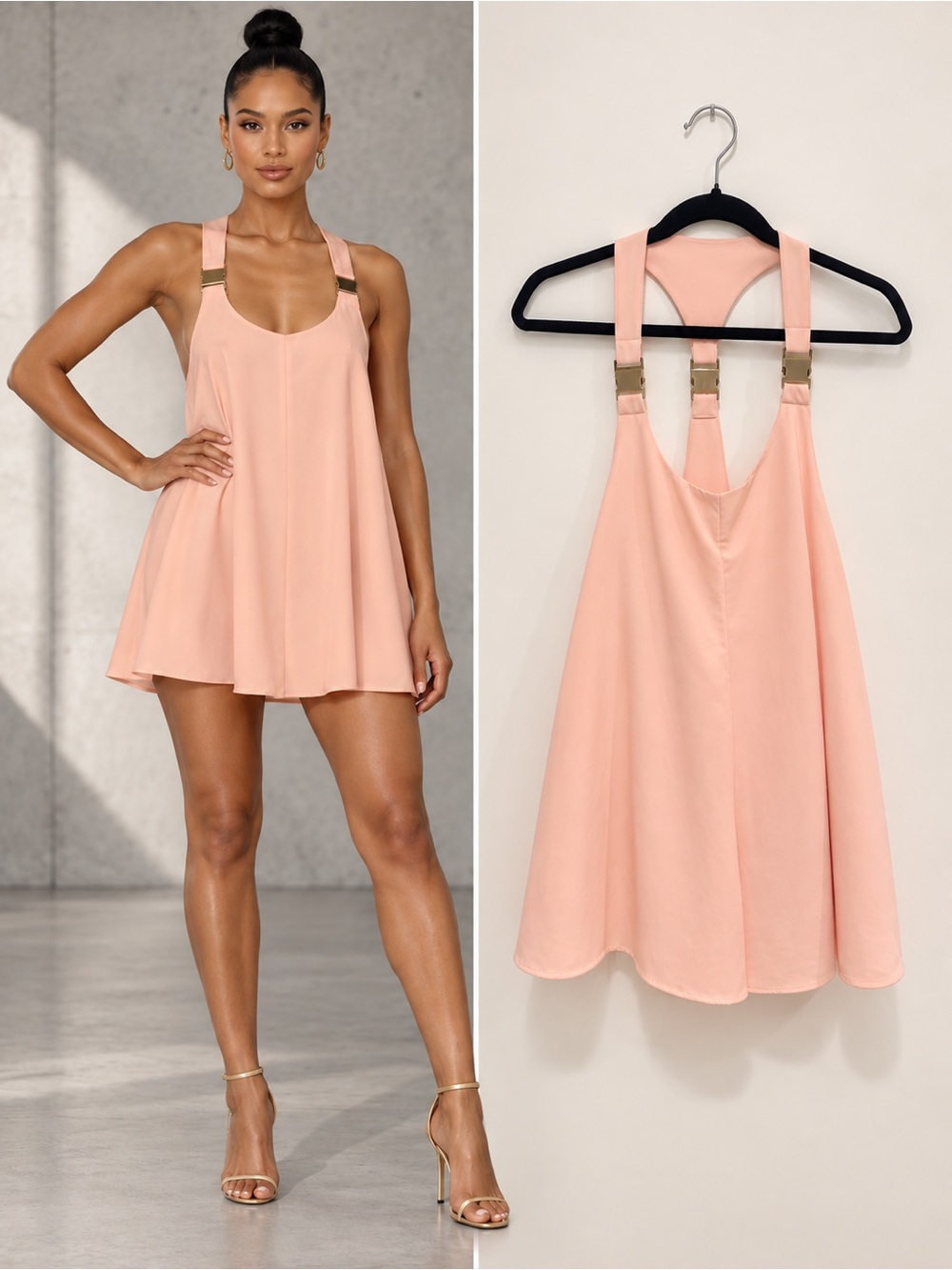 Shakuhachi Peach Pink Halter Mini Dress Tunic Gold Buckle Strap Harness S